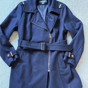 Kenneth Cole Navy Wool Blend Peacoat w/Gold Tone Hardware Belted Zip Front Pocke